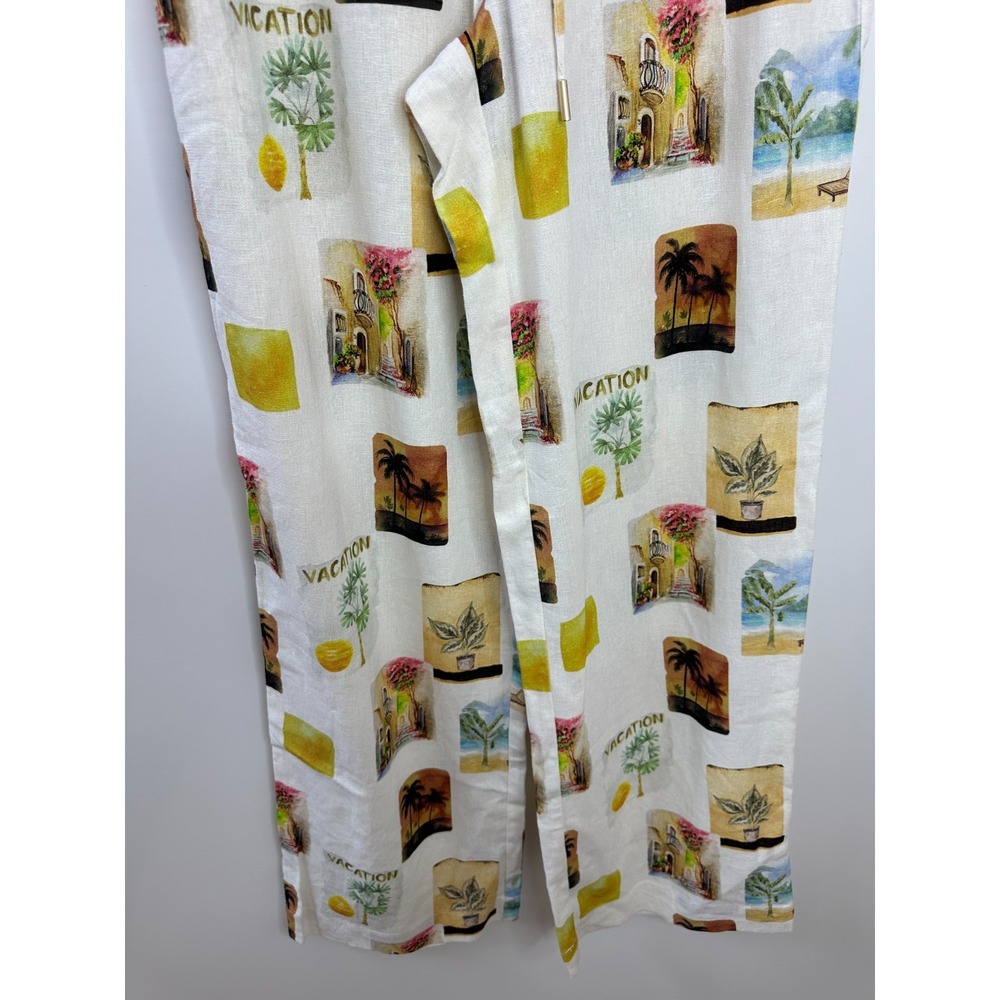 C&C California Small Linen Blend Vacation Print Wide Leg Pants Ivory Multi - Picture 4 of 13